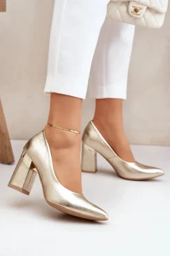 Czółenka Na Słupku|Czółenka Klasyczne>Boto Skórzane Czółenka Lewski 3117 Złote Złoty