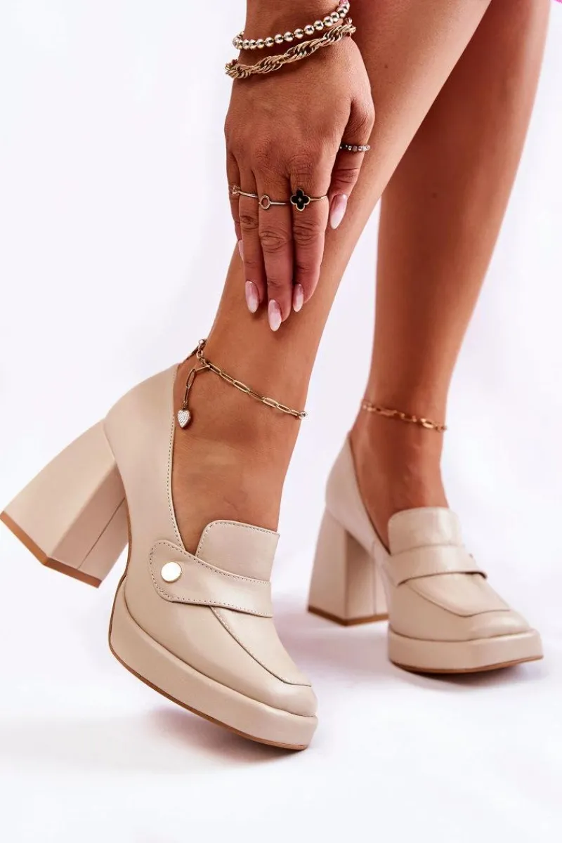 Discount Skórzane Czółenka Lewski Shoes 3195/2 Beżowe Damskie Czółenka Na Platformie|Czółenka Na Słupku