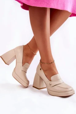 Discount Skórzane Czółenka Lewski Shoes 3195/2 Beżowe Damskie Czółenka Na Platformie|Czółenka Na Słupku
