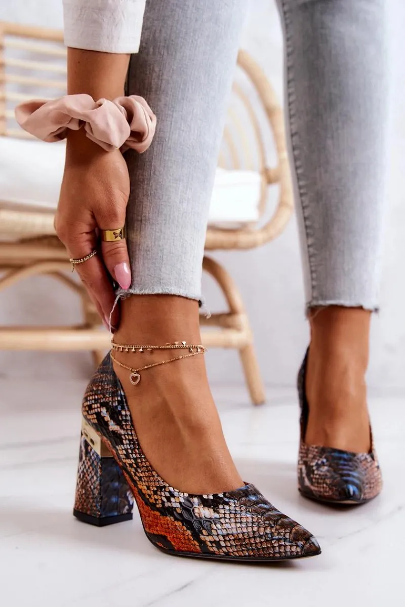 Czółenka Na Słupku>Boto Skórzane Czółenka Lewski Wężowe 3117 Pomarańczowo-Brązowe