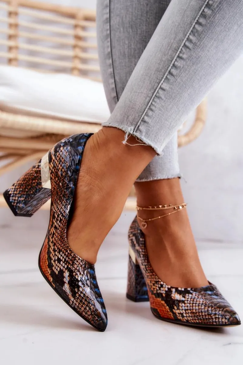 Czółenka Na Słupku>Boto Skórzane Czółenka Lewski Wężowe 3117 Pomarańczowo-Brązowe