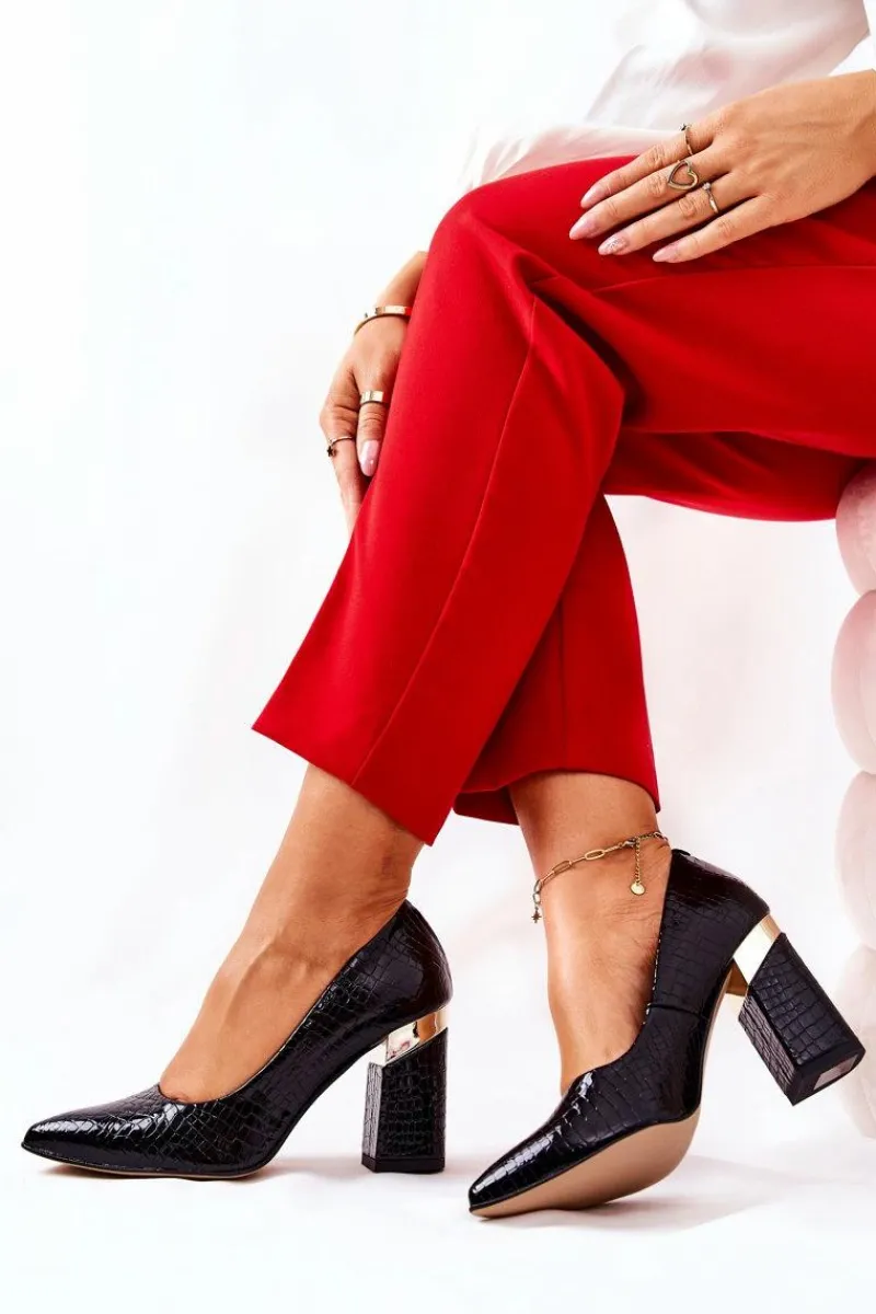 Czółenka Na Słupku>Boto Skórzane Czółenka Lewski Wężowe 3117 Czarne Czarny