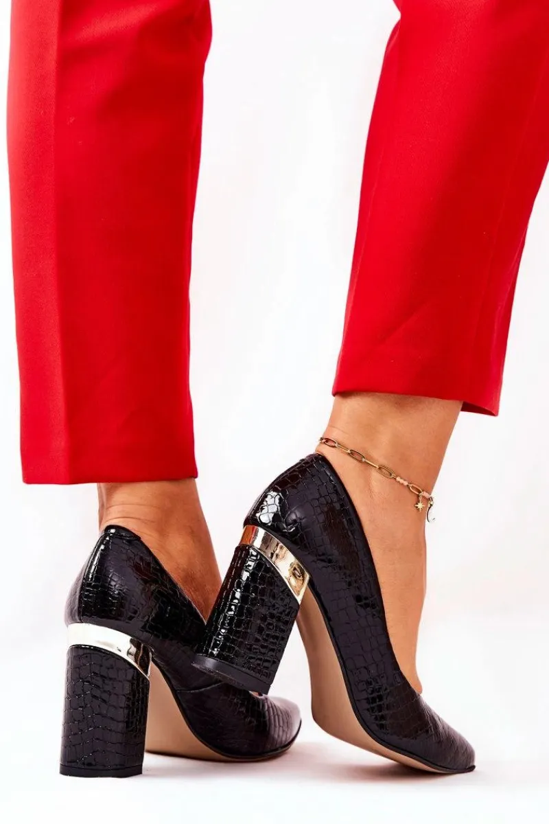 Czółenka Na Słupku>Boto Skórzane Czółenka Lewski Wężowe 3117 Czarne Czarny