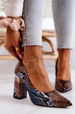 Sale Boto Skórzane Czółenka Lewski Wężowe 3117 Brązowo-Niebieskie