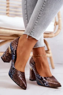 Sale Boto Skórzane Czółenka Lewski Wężowe 3117 Brązowo-Niebieskie