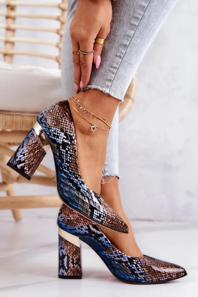 Sale Boto Skórzane Czółenka Lewski Wężowe 3117 Brązowo-Niebieskie