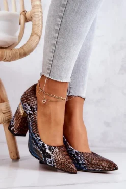 Sale Boto Skórzane Czółenka Lewski Wężowe 3117 Brązowo-Niebieskie