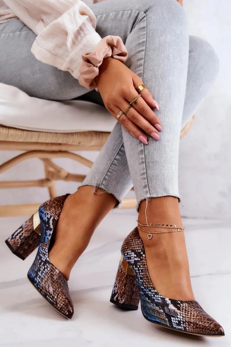 Sale Boto Skórzane Czółenka Lewski Wężowe 3117 Brązowo-Niebieskie