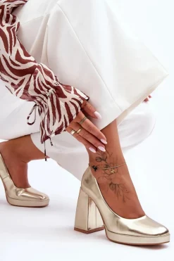 Online Boto Skórzane Czółenka Na Masywnym Obcasie Złote Rosalia