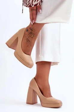 Skórzane Czółenka Na Masywnym Obcasie Nude Rosalia Damskie Czółenka Na Platformie|Czółenka Na Słupku
