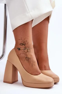 Skórzane Czółenka Na Masywnym Obcasie Nude Rosalia Damskie Czółenka Na Platformie|Czółenka Na Słupku