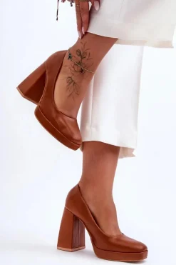 Czółenka Na Platformie|Czółenka Na Słupku>Boto Skórzane Czółenka Na Masywnym Obcasie Camel Rosalia