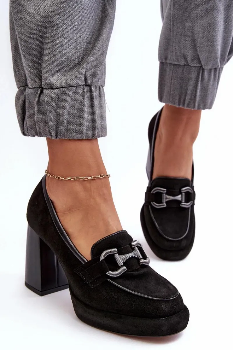 Outlet Skórzane Czółenka Na Masywnym Słupku 2706 Czarne Damskie Czółenka Na Platformie|Czółenka Na Słupku