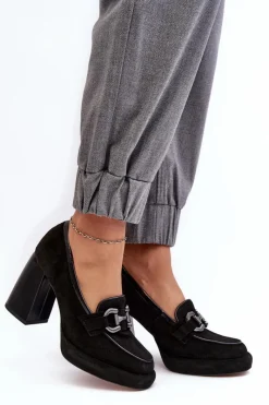 Outlet Skórzane Czółenka Na Masywnym Słupku 2706 Czarne Damskie Czółenka Na Platformie|Czółenka Na Słupku