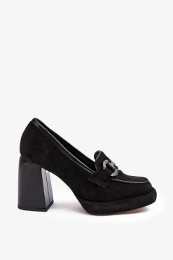 Outlet Skórzane Czółenka Na Masywnym Słupku 2706 Czarne Damskie Czółenka Na Platformie|Czółenka Na Słupku