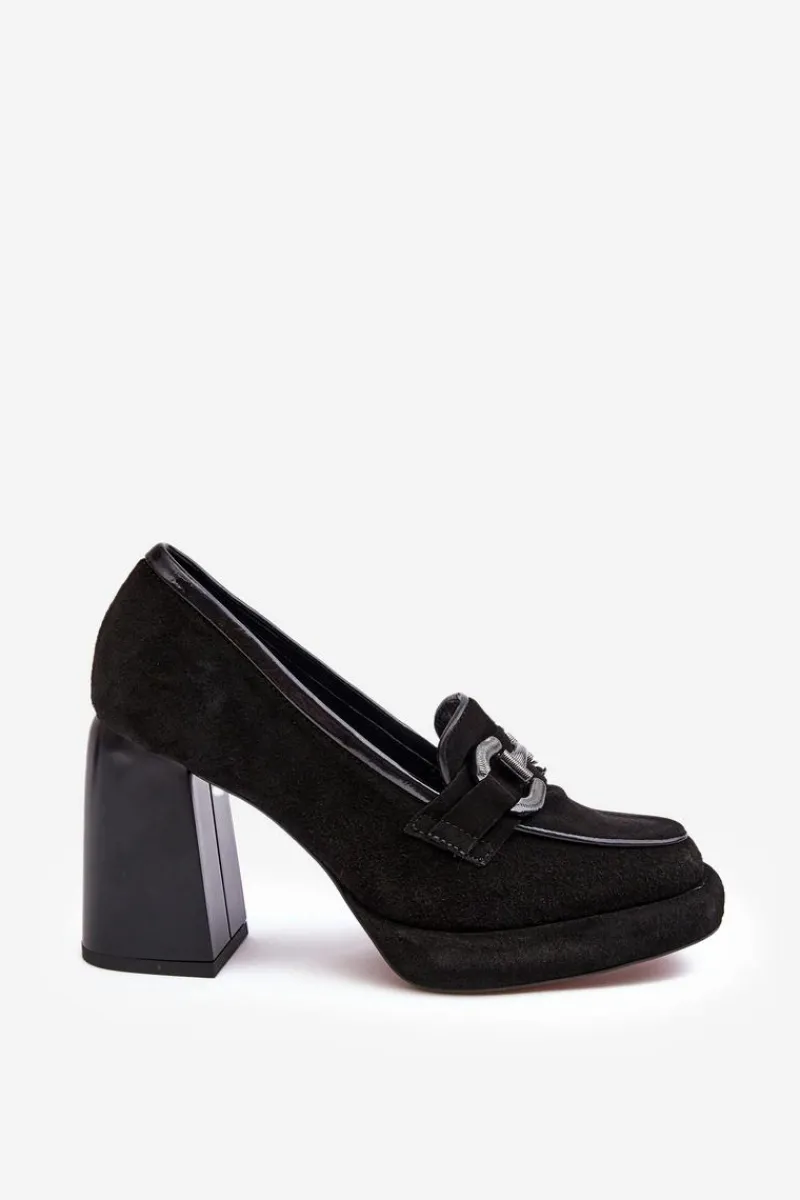 Outlet Skórzane Czółenka Na Masywnym Słupku 2706 Czarne Damskie Czółenka Na Platformie|Czółenka Na Słupku