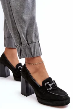 Outlet Skórzane Czółenka Na Masywnym Słupku 2706 Czarne Damskie Czółenka Na Platformie|Czółenka Na Słupku