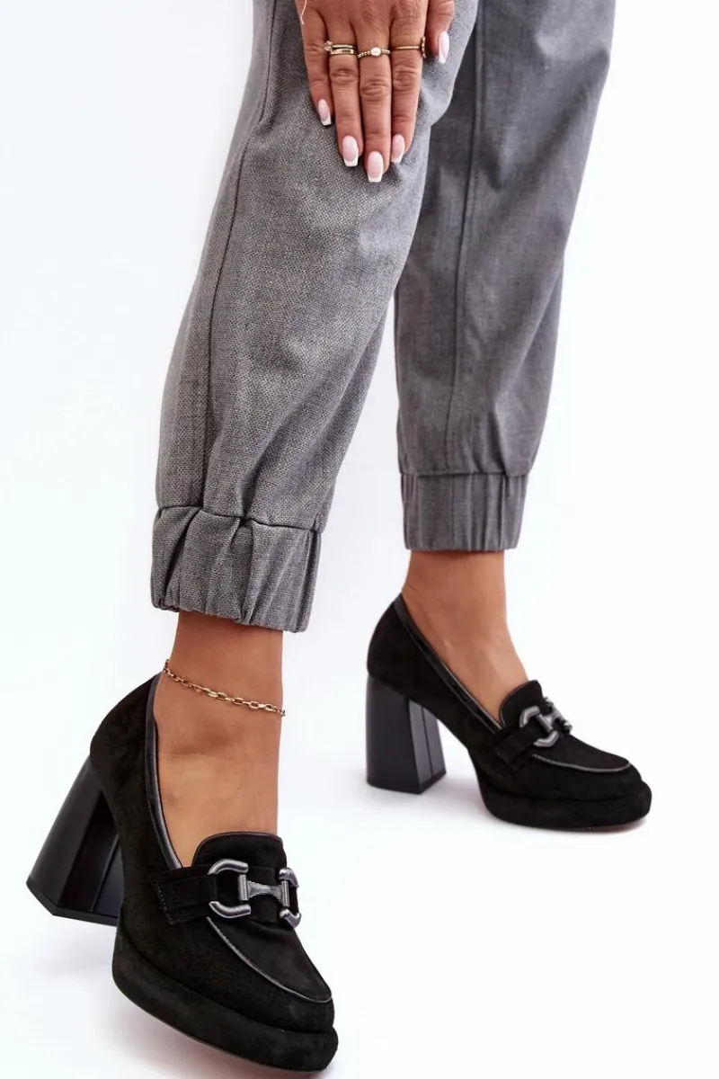 Outlet Skórzane Czółenka Na Masywnym Słupku 2706 Czarne Damskie Czółenka Na Platformie|Czółenka Na Słupku