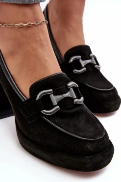 Outlet Skórzane Czółenka Na Masywnym Słupku 2706 Czarne Damskie Czółenka Na Platformie|Czółenka Na Słupku