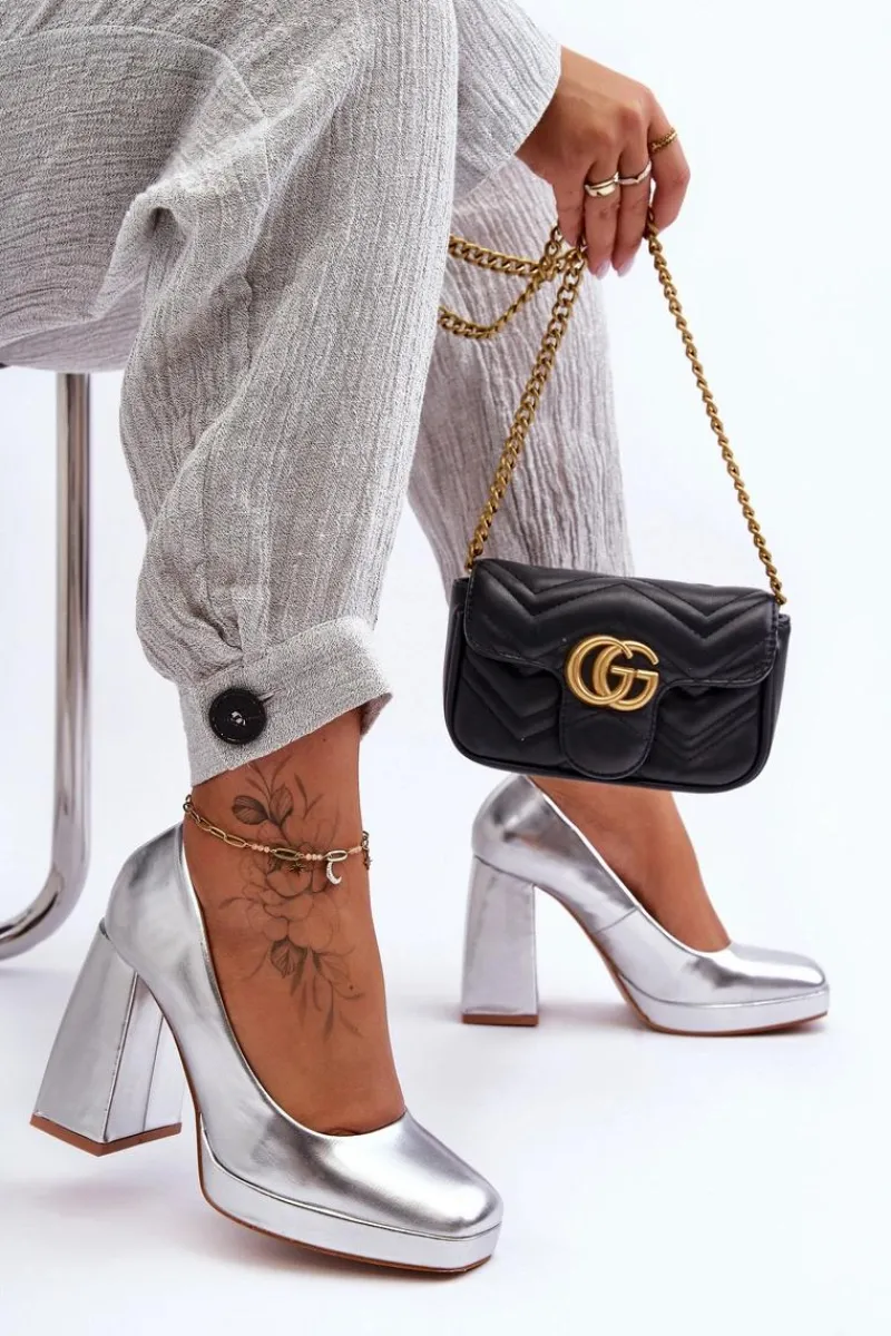 Outlet Boto Skórzane Czółenka Na Masywnym Obcasie Srebrne Rosalia