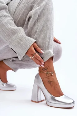 Outlet Boto Skórzane Czółenka Na Masywnym Obcasie Srebrne Rosalia