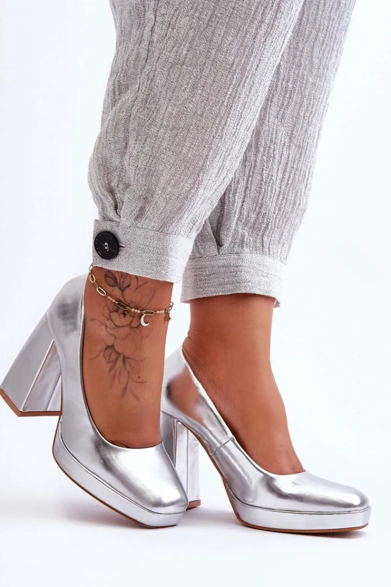 Outlet Boto Skórzane Czółenka Na Masywnym Obcasie Srebrne Rosalia