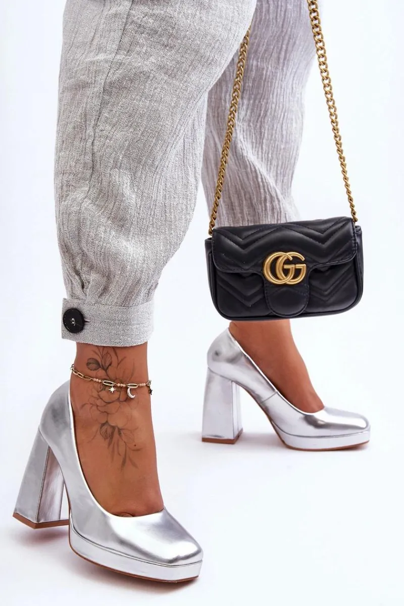 Outlet Boto Skórzane Czółenka Na Masywnym Obcasie Srebrne Rosalia