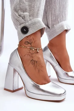 Outlet Boto Skórzane Czółenka Na Masywnym Obcasie Srebrne Rosalia