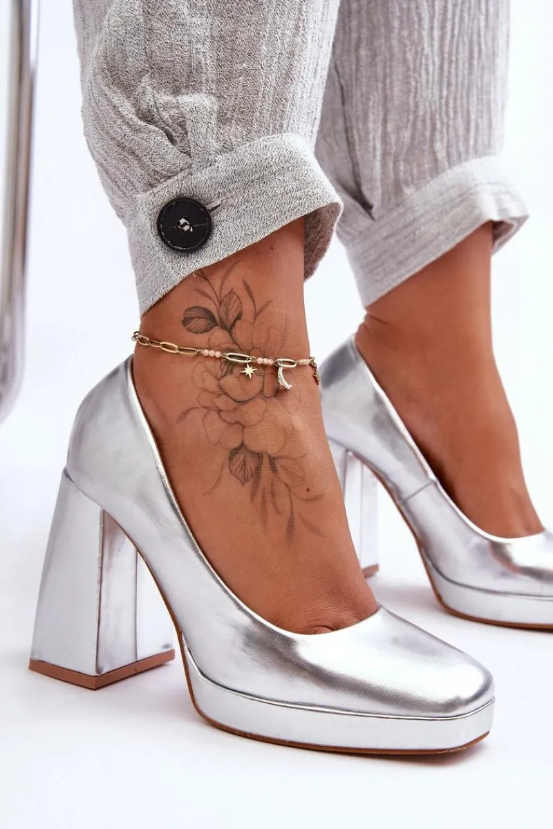 Outlet Boto Skórzane Czółenka Na Masywnym Obcasie Srebrne Rosalia