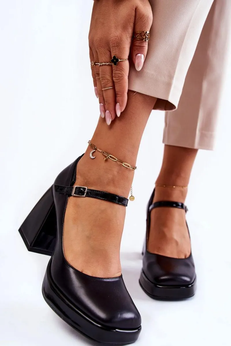 Czółenka Na Platformie|Czółenka Na Słupku>Boto Skórzane Czółenka Na Masywnym Obcasie Czarne Tina