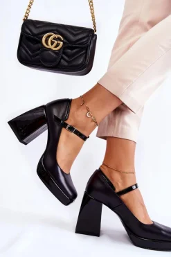 Czółenka Na Platformie|Czółenka Na Słupku>Boto Skórzane Czółenka Na Masywnym Obcasie Czarne Tina