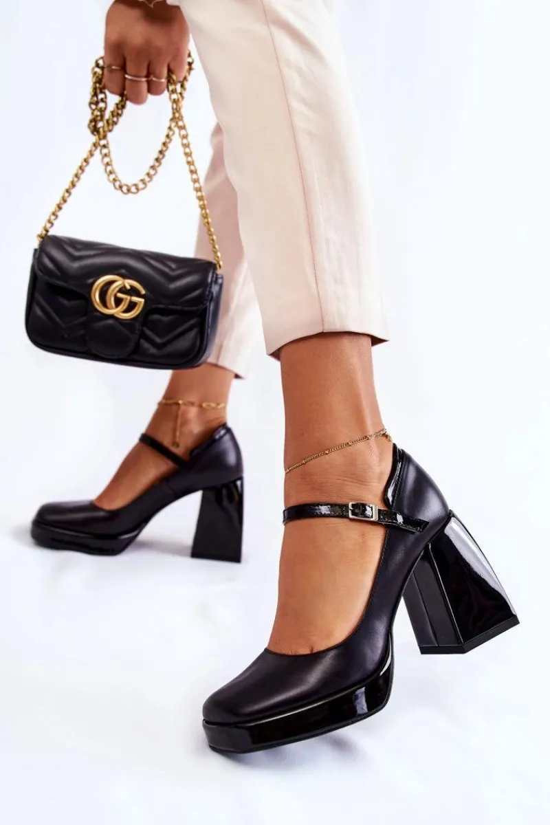 Czółenka Na Platformie|Czółenka Na Słupku>Boto Skórzane Czółenka Na Masywnym Obcasie Czarne Tina