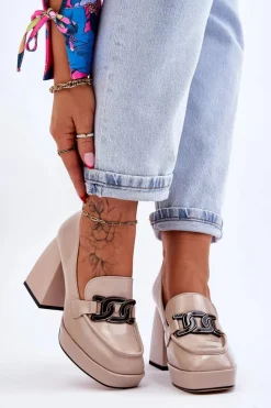 Czółenka Na Słupku|Czółenka Klasyczne>Damskie buty S.Barski Skórzane Czółenka Na Masywnym Obcasie Beżowe Maximo