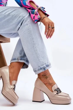 Czółenka Na Słupku|Czółenka Klasyczne>Damskie buty S.Barski Skórzane Czółenka Na Masywnym Obcasie Beżowe Maximo