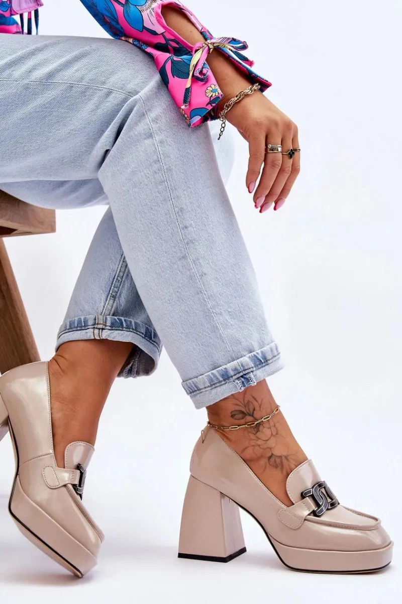 Czółenka Na Słupku|Czółenka Klasyczne>Damskie buty S.Barski Skórzane Czółenka Na Masywnym Obcasie Beżowe Maximo