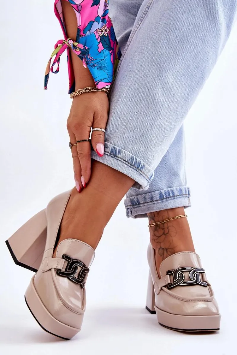 Czółenka Na Słupku|Czółenka Klasyczne>Damskie buty S.Barski Skórzane Czółenka Na Masywnym Obcasie Beżowe Maximo