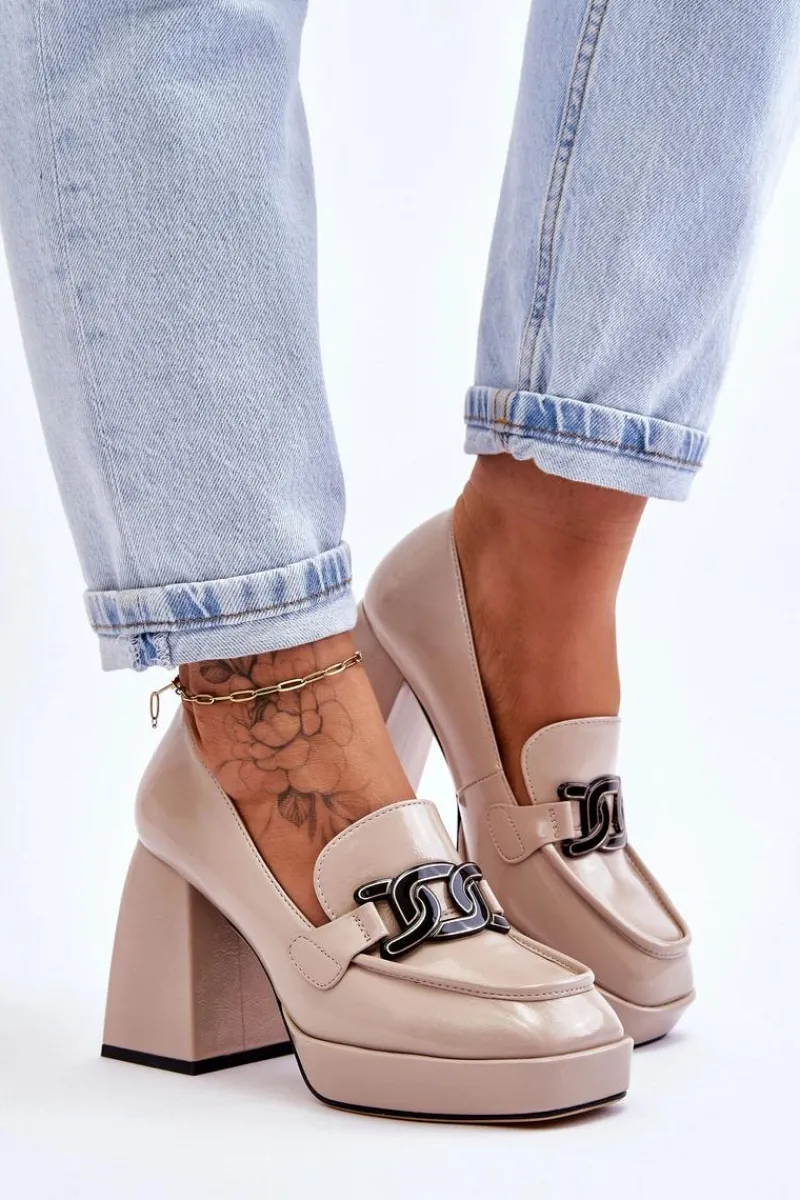 Czółenka Na Słupku|Czółenka Klasyczne>Damskie buty S.Barski Skórzane Czółenka Na Masywnym Obcasie Beżowe Maximo