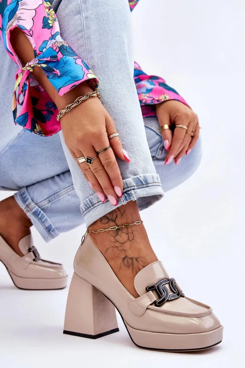 Czółenka Na Słupku|Czółenka Klasyczne>Damskie buty S.Barski Skórzane Czółenka Na Masywnym Obcasie Beżowe Maximo