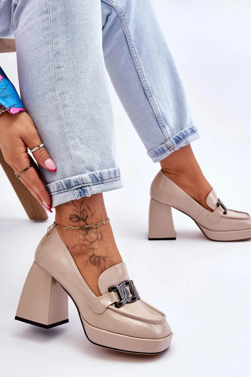 Czółenka Na Słupku|Czółenka Klasyczne>Damskie buty S.Barski Skórzane Czółenka Na Masywnym Obcasie Beżowe Maximo