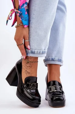 Outlet Damskie buty S.Barski Skórzane Czółenka Na Masywnym Obcasie Czarne Maximo