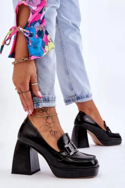 Outlet Damskie buty S.Barski Skórzane Czółenka Na Masywnym Obcasie Czarne Maximo