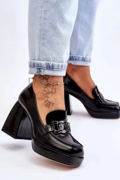 Outlet Damskie buty S.Barski Skórzane Czółenka Na Masywnym Obcasie Czarne Maximo