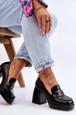 Outlet Damskie buty S.Barski Skórzane Czółenka Na Masywnym Obcasie Czarne Maximo