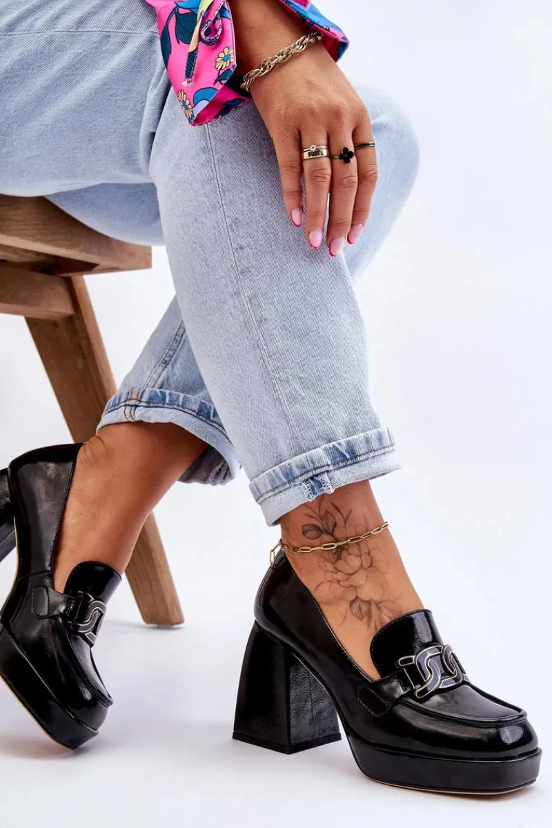 Outlet Damskie buty S.Barski Skórzane Czółenka Na Masywnym Obcasie Czarne Maximo