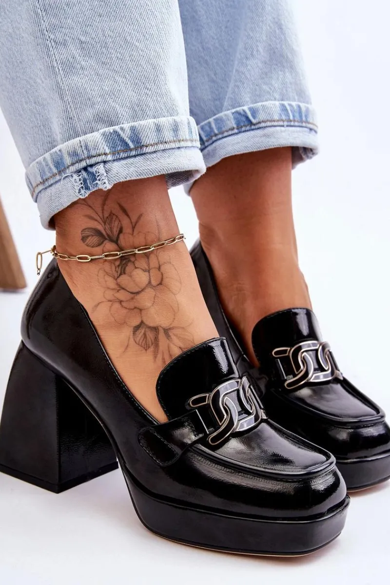 Outlet Damskie buty S.Barski Skórzane Czółenka Na Masywnym Obcasie Czarne Maximo