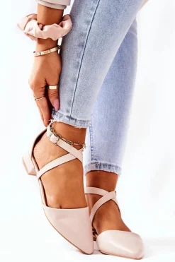 Sale Boto Skórzane Czółenka Na Niskim Obcasie Beżowe Giovanna