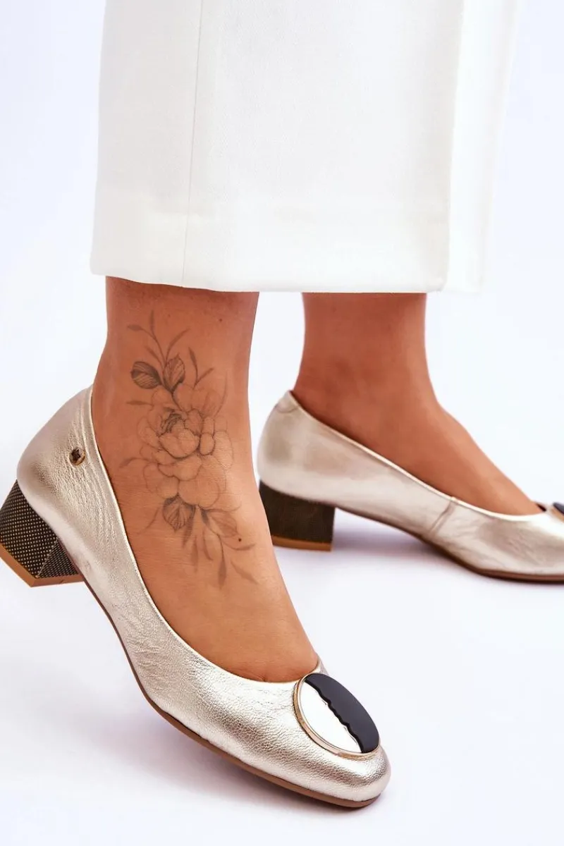 Czółenka Na Słupku|Czółenka Klasyczne>Maciejka Skórzane Czółenka Na Niskim Obcasie 05960-25 Złote