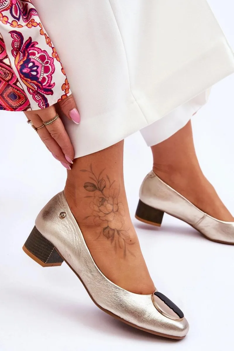 Czółenka Na Słupku|Czółenka Klasyczne>Maciejka Skórzane Czółenka Na Niskim Obcasie 05960-25 Złote