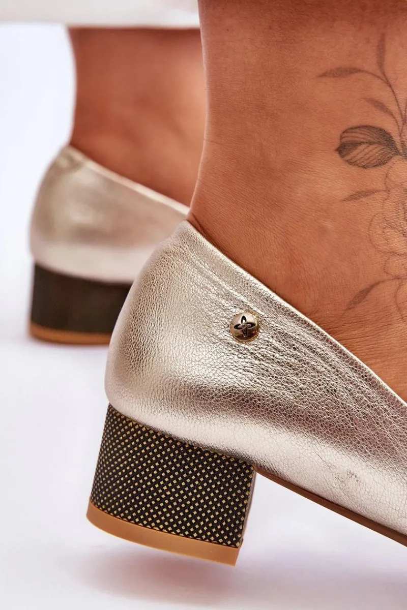 Czółenka Na Słupku|Czółenka Klasyczne>Maciejka Skórzane Czółenka Na Niskim Obcasie 05960-25 Złote