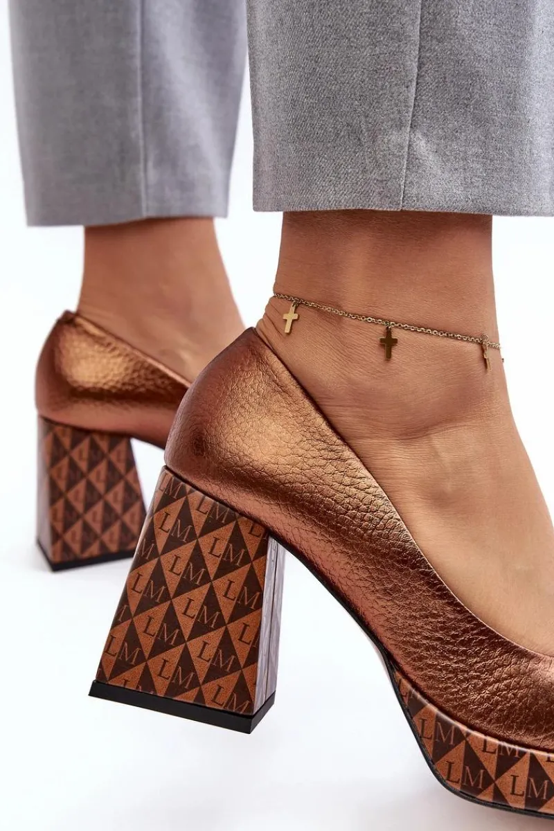 Czółenka Na Platformie|Czółenka Na Słupku>Laura Messi Skórzane Czółenka Na Słupku 259/819-821 Miedziane